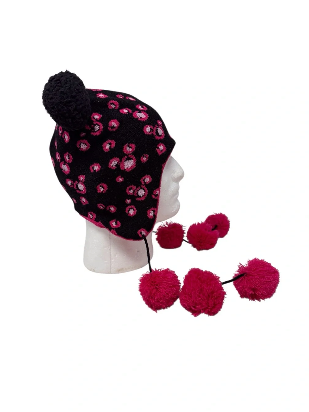 Disney Parks Black & Pink Dangling Pom Pom Beanie W/ear Flaps EUC